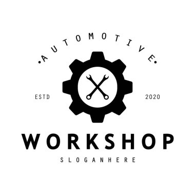 Atölye, rozet, sanayi, hizmet veya tamirci ve otomotiv logosu.