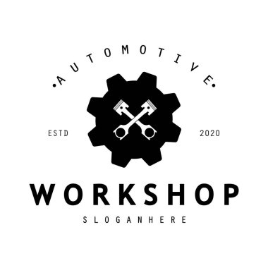 Atölye, rozet, sanayi, hizmet veya tamirci ve otomotiv logosu.