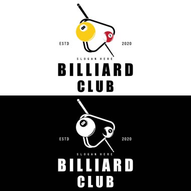 Bilardo kulübü logosu, top ve sopa, Bilardo Sport logo vektör şablonu çizim tasarımı 