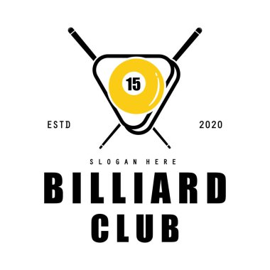 Bilardo kulübü logosu, top ve sopa, Bilardo Sport logo vektör şablonu çizim tasarımı 