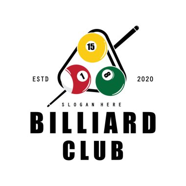 Bilardo kulübü logosu, top ve sopa, Bilardo Sport logo vektör şablonu çizim tasarımı 