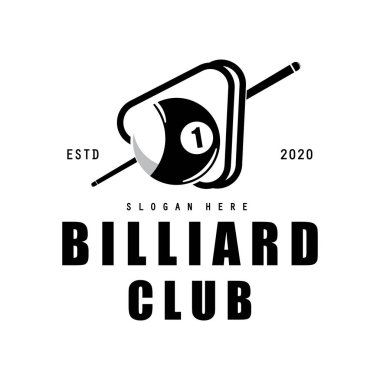 Bilardo kulübü logosu, top ve sopa, Bilardo Sport logo vektör şablonu çizim tasarımı 