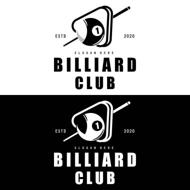 Bilardo kulübü logosu, top ve sopa, Bilardo Sport logo vektör şablonu çizim tasarımı 