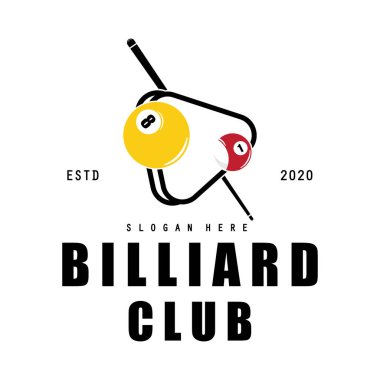 Bilardo kulübü logosu, top ve sopa, Bilardo Sport logo vektör şablonu çizim tasarımı 