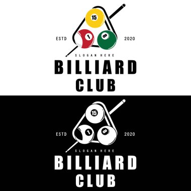 Bilardo kulübü logosu, top ve sopa, Bilardo Sport logo vektör şablonu çizim tasarımı 