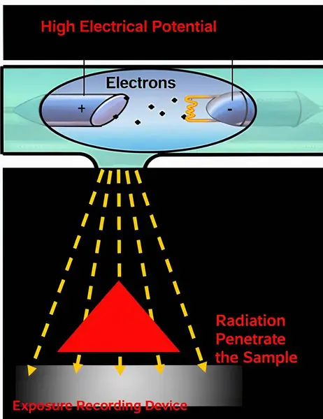 Yüksek elektrik potansiyeli altındaki bir elektron ışın sisteminin tasviri, elektron hareketini, radyasyon nüfuzunu ve örnek analizindeki maruziyet kayıt mekanizmalarını vurguluyor.