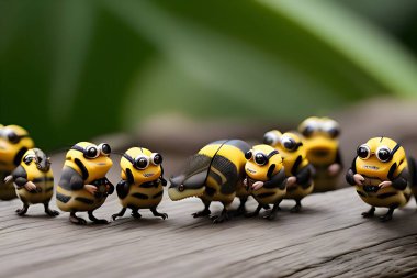 A delightful group of yellow robotic bees and a quirky hybrid creature on a wooden platform, set against a lush green backdrop. A playful and imaginative representation of nature and technology. clipart