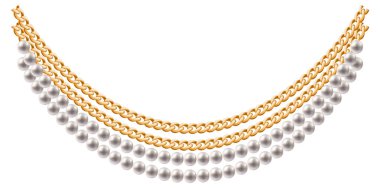 Çok Katmanlı Şok Edici İnci Kolye Altın Zincirli Vektör Çizimi.