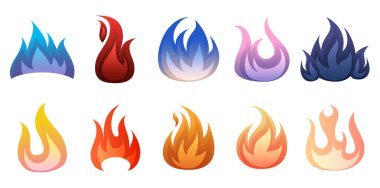 Beyaz Arkaplan 'da Çeşitli Alev Tasarımları, Dekoratif Ateş Element Vektör Resimleri Koleksiyonu.