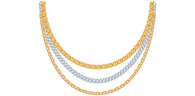 Çok Katmanlı Altın ve Gümüş Zincirli Kolye Beyaz Arkaplanda Eşsiz Güzel Mücevher Vektörü İllüzyonu.