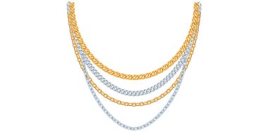 Çok Katmanlı Altın ve Gümüş Zincirli Kolye Beyaz Arkaplanda Eşsiz Güzel Mücevher Vektörü İllüzyonu.