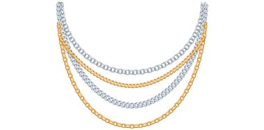 Çok Katmanlı Altın ve Gümüş Zincirli Kolye Beyaz Arkaplanda Eşsiz Güzel Mücevher Vektörü İllüzyonu.