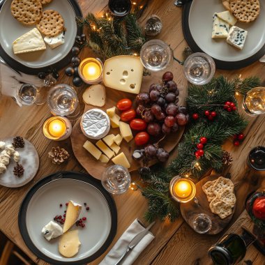 Tahta bir masada, içinde peynir ve bir bardak şarap olan Noel yemeği..