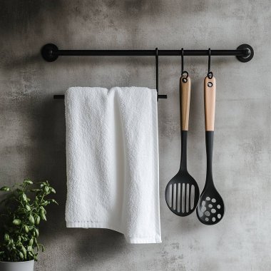 top view of modern kitchen tools and utensils on wooden board