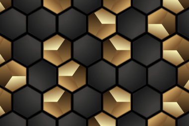 Siyah ve altın sarısı altıgenlerin geometrik düzenini içeren soyut, dikişsiz desen, modern tasarım, arka plan veya şık grafik uygulamaları için uygun zarif ve lüks bir estetik yaratıyor. vektör arkaplanı.