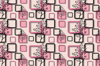 3D Modern Romantic Pink Custom Trendy Panels Wallpaper for Interior Mural Wall Decor, Living Room, Bedroom, Peel and Stick. Abstract Seamless Pattern Geometric Squares with Black Silhouetted Trees Vector Illustration Background.  clipart