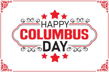Beyaz arkaplanda kırmızı ve siyah renkli yazı, yıldız ve dekoratif elementlerin yer aldığı zarif mutlu Columbus Günü tipografisi. Tatil pazarlama ve hatıra tasarımları için mükemmel..