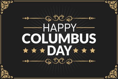 Dekoratif girdaplar, yıldızlar ve klasik harflerle süslenmiş zarif Mutlu Kolomb Günü tipografisi Amerikan tarihini ve vatanseverliğini şenlikli bir tasarım ile kutluyor..