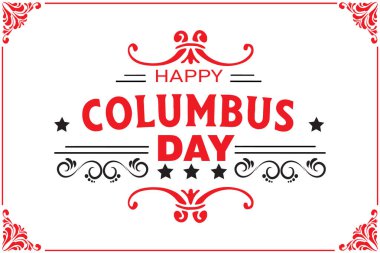 Süslü Mutlu Kolomb Günü tipografi tasarımı dekoratif girdaplar, yıldızlar ve Amerikan bayrak unsurları, vatansever bayram kutlamaları ve etkinlikleri için mükemmel..