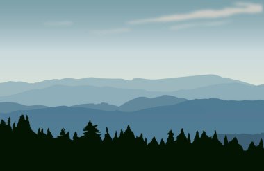 Koyu Mavi Dağ manzarasının vektör çizimi. Dağlarda gün doğumu ve gün batımı.