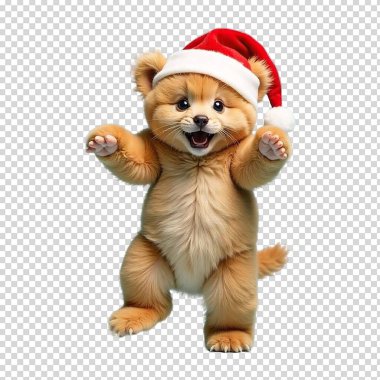 Noel Baba kıyafetleri içinde şirin bir köpek ve Noel balosu beyazların arasında.