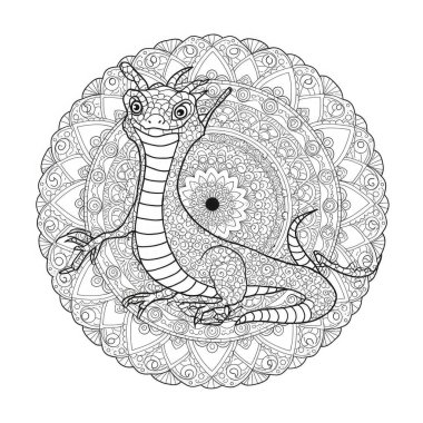 Efsanevi yılan kralın yer aldığı bu mandala boyama sayfasındaki Basilisk 'e dikkat edin. Çocuk boyama kitapları için harika. Efsanevi sürüngenler ve fantezi sanatı üzerine odaklanmış..