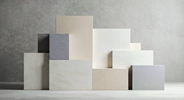 Bu modern soyut kompozisyonda minimalist geometrik bloklar özenle dizilmiş eşsiz bir arka plan tasarımı oluşturuyorlar. Bej gri ve beyazın sakin nötr renk paleti karmaşık desenli görüntüyü kolaylıkla geliştirir..