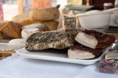 Salted Lard, Lardo di Colonnata, Fat Bacon with Herbs and Spices at Village Market
