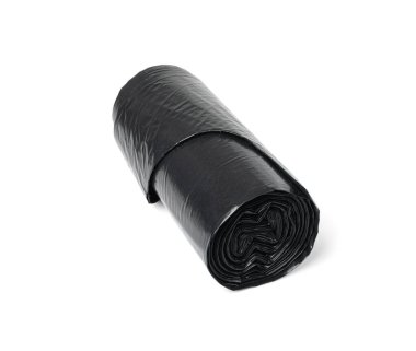 Garbage Bag Roll Isolated. Trash Package, New Rolled Plastic Bin Bags, Black Polyethylene Waste Container on White Background