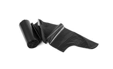 Garbage Bag Roll Isolated. Trash Package, New Rolled Plastic Bin Bags, Black Polyethylene Waste Container on White Background