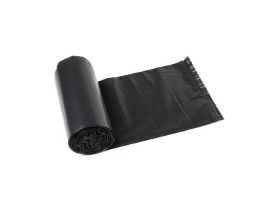 Garbage Bag Roll Isolated. Trash Package, New Rolled Plastic Bin Bags, Black Polyethylene Waste Container on White Background