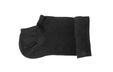 New Black Cotton Sock Isolated. Rolled Sportswear, Classic Unisex Cotton Socks, Casual Hosiery on White Background Top View
