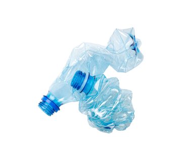 Blue Empty Plastic Bottle Isolated, Crumpled Plastic Bottle, Global Pollution Concept, Squashed Water Pet Bottles on White Background, Clipping Path