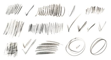 Charcoal Strokes Set, Crayon Scribble Isolated, Hand Drawn Chalk Hatching, Crayon Strokes Texture on White Background