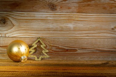 Christmas Tree Rustic Background on Old Wooden Texture Pattern, Golden Xmas Tree Toy Wallpaper with Copy Space Flat Lay, Winter Mockup Flatlay, Banner Template