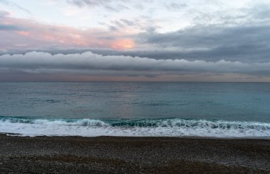 Cloudy Dawn, Azure Sea, Amazing Muted Colors, Sunrise over the Sea Texture Background, Weather Forecast Illustration