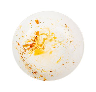 Dirty Plate Isolated, Empty Bowl after Dinner, Finished Lunch with Leftover Pasta, Oil and Smeared Sauce on White Plate Background Top View