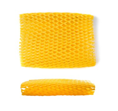 Foam Packaging Net Isolated, Expanded Polyethylene Net Package, EPE Foam Mesh Net Packaging for Fruit and Vegetables, Excess Packaging on White Background