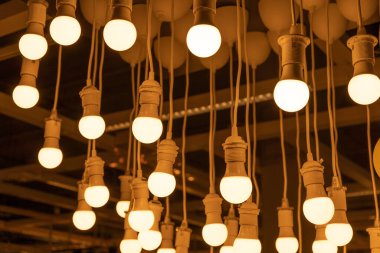 Hanging LED Light Bulbs on Blurred Background, Warm Energy Saving Lamp, Yellow Light of Incandescent Lightbulbs