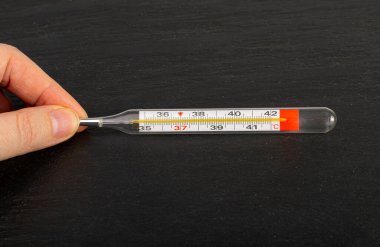 Hand Holds Medical Thermometer, Temperature Measuring, Check Fever, Glass Medical Thermometer on Black Background