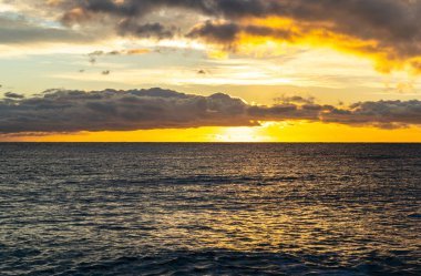 Sea Sunrise, Morning Ocean, Red Dramatic Sunset in Clouds, Orange Horizon in Golden Hour, Beautiful Sea Sunrise Vacation Concept
