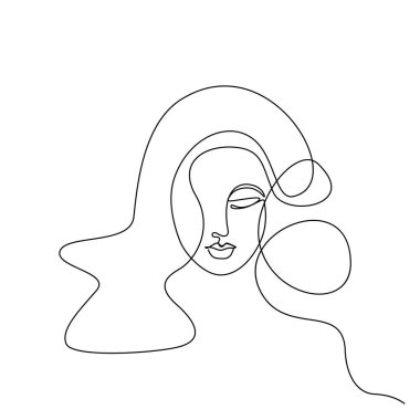 Bir Çizgili Kadın Yüzü. Çizim Sanatı Biçiminde Güzel Kadın Portresi, Sürekli Çizgi Çizim Başlığı, Tek Çizgili Kız Başı Resimleri