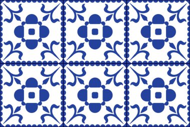 Retro Azulejo Mosaic Tile, Vintage Portuguese Wall Ceramic Seamless Pattern, Old Blue Tiles Background, Abstract Flower Tile