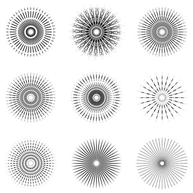 Vintage Sunburst, Retro Sun Vector Icon, Bursting Sun Rays, Black and White Star Pictograph, Speed Line Fast Motion, Sunset Beams Vector Illustration