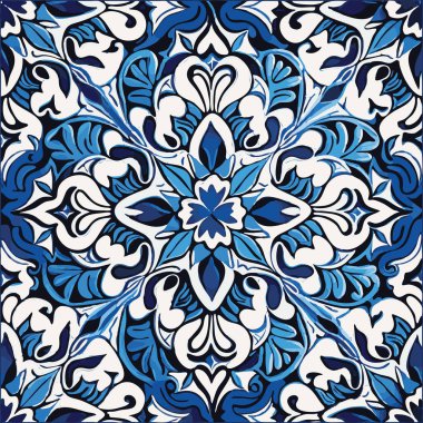 Retro Azulejo Mosaic Tile, Vintage Portuguese Wall Ceramic Seamless Pattern, Old Blue Tiles Background, Abstract Flower Tile