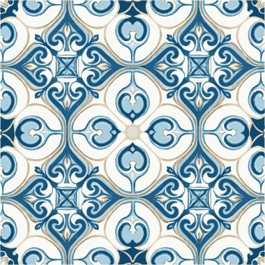 Retro Azulejo Mosaic Tile, Vintage Portuguese Wall Ceramic Seamless Pattern, Old Blue Tiles Background, Abstract Flower Tile
