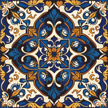 Retro Azulejo Mosaic Tile, Vintage Portuguese Wall Ceramic Seamless Pattern, Old Blue Tiles Background, Abstract Flower Tile