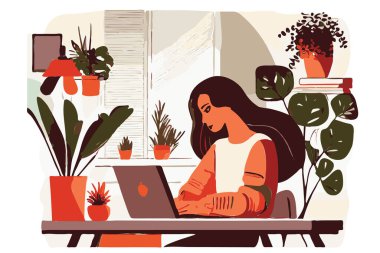 Green Eco Office 'de Laptop' ta çalışan, Klavyede Yazan, İnternet Kullanan, Serbest Kadın, Uzaktan Çalışma Konsepti, Vektör İllüstrasyonu