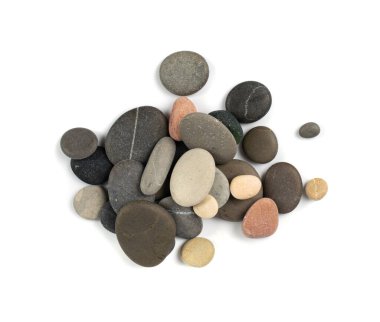Sea Pebbles Isolated, Flat Round Stones, Gray Circle Rock Pieces, Spa Stones, Natural Sea Pebbles Pile on White Background Top View