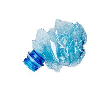 Blue Empty Plastic Bottle Isolated, Crumpled Plastic Bottle, Global Pollution Concept, Squashed Water Pet Bottles on White Background